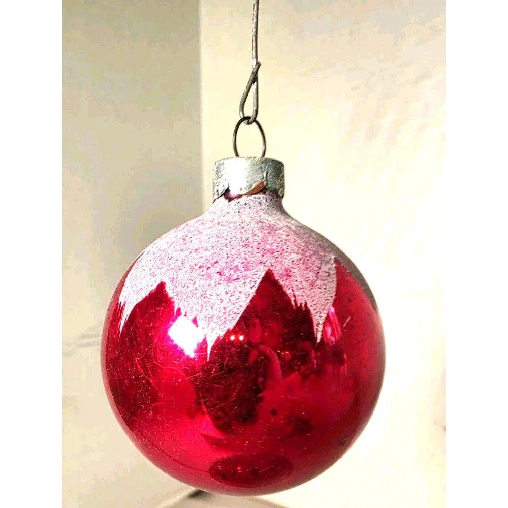 Vintage Christmas Ornament Red  Glass Ball Mica Snowcap 2.5
